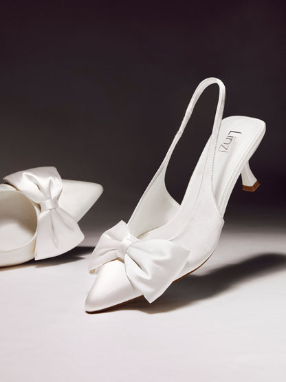 Merlot Bridal White Satin Bow Court Heels