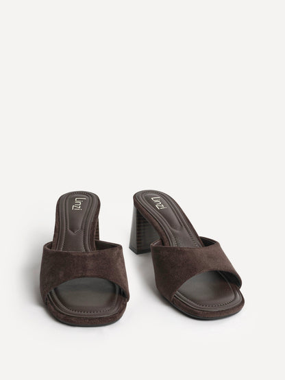 Cannes Brown Faux Suede Mule Heels