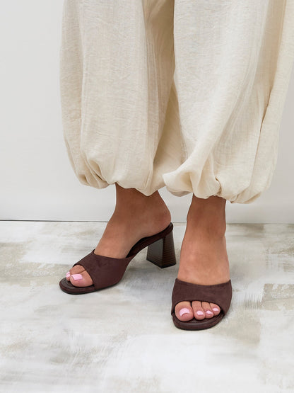 Cannes Brown Faux Suede Mule Heels