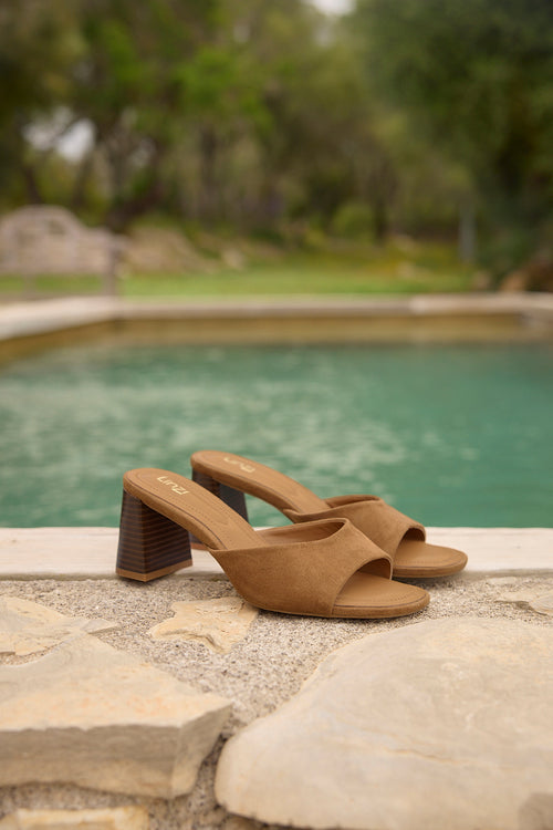 Cannes Tan Faux Suede Mule Heels