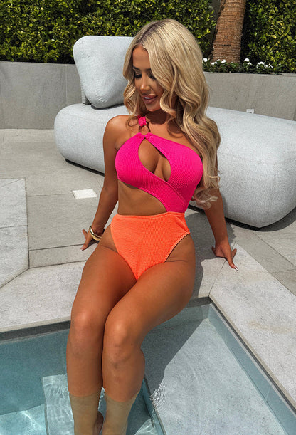 Capri Hot Pink One Shoulder Crinkle Contrast Colour Swimsuit
