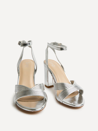 City Silver Faux Leather Heeled Sandals