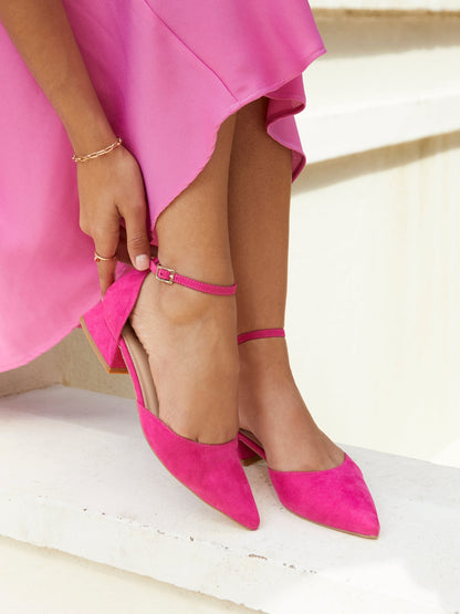 Dahlia Fuchsia Faux Suede Low Court Heels