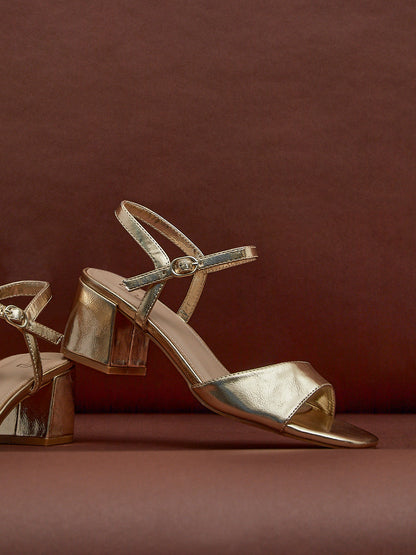Darlene Gold Faux Leather Low Heeled Sandals