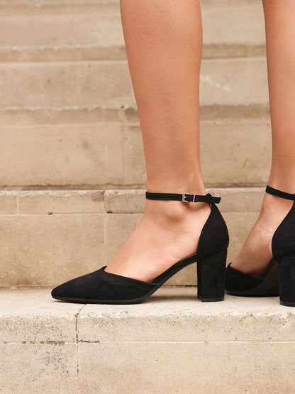 Davina Wide Fit Black Faux Suede Court Heels