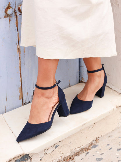 Davina Wide Fit Navy Faux Suede Court Heels