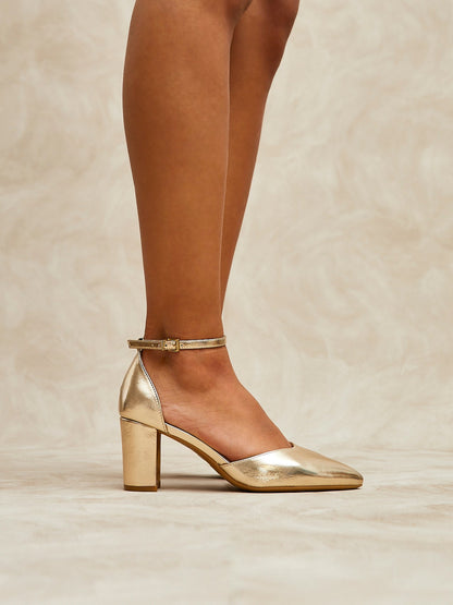 Davina Wide Fit Gold Faux Leather Court Heels