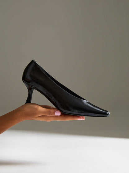 Delaney Black Faux Leather Square Toe Court Heels