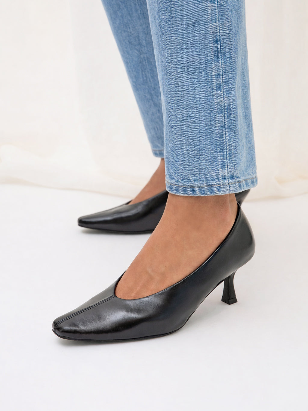 Delaney Black Faux Leather Square Toe Court Heels