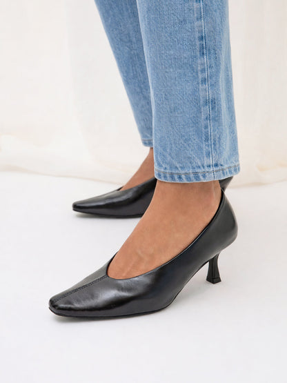 Delaney Black Faux Leather Square Toe Court Heels