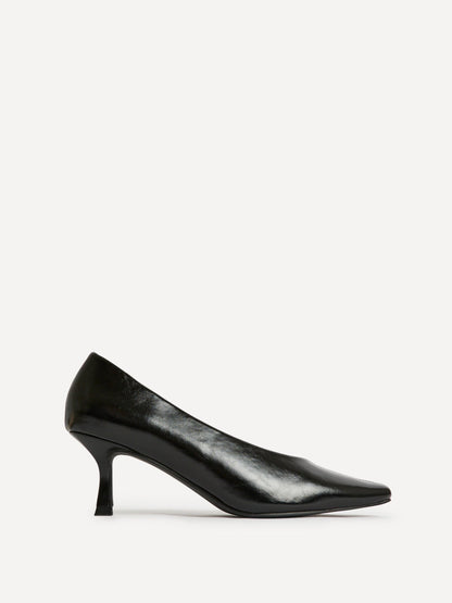 Delaney Black Faux Leather Square Toe Court Heels