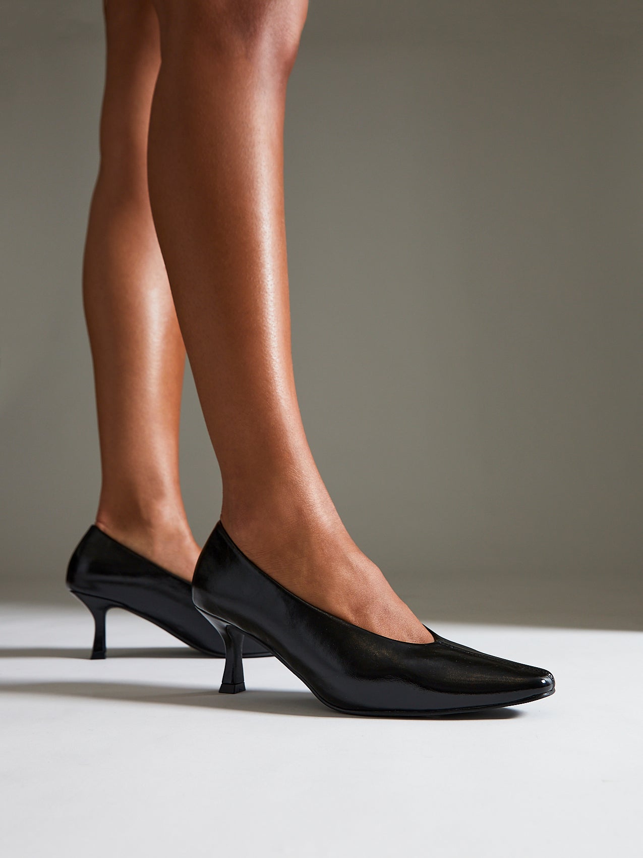 Delaney Black Faux Leather Square Toe Court Heels