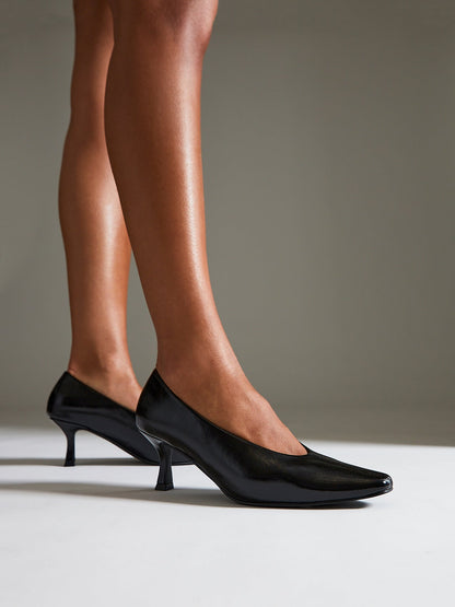 Delaney Black Faux Leather Square Toe Court Heels