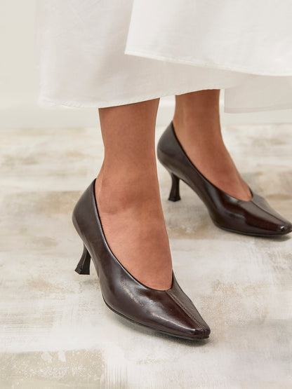 Delaney Brown Faux Leather Square Toe Court Heels