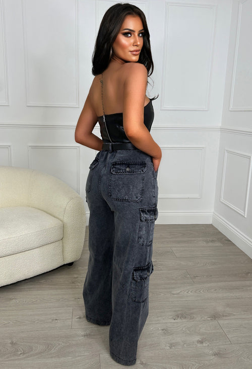 Denim Revolution Black Cargo Denim Wide Leg Jeans