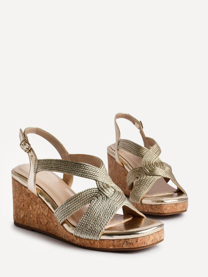 Destined Gold Woven Design Cork Wedges