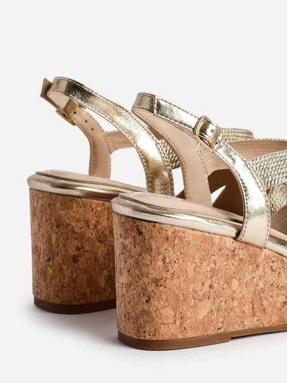 Destined Gold Woven Design Cork Wedges