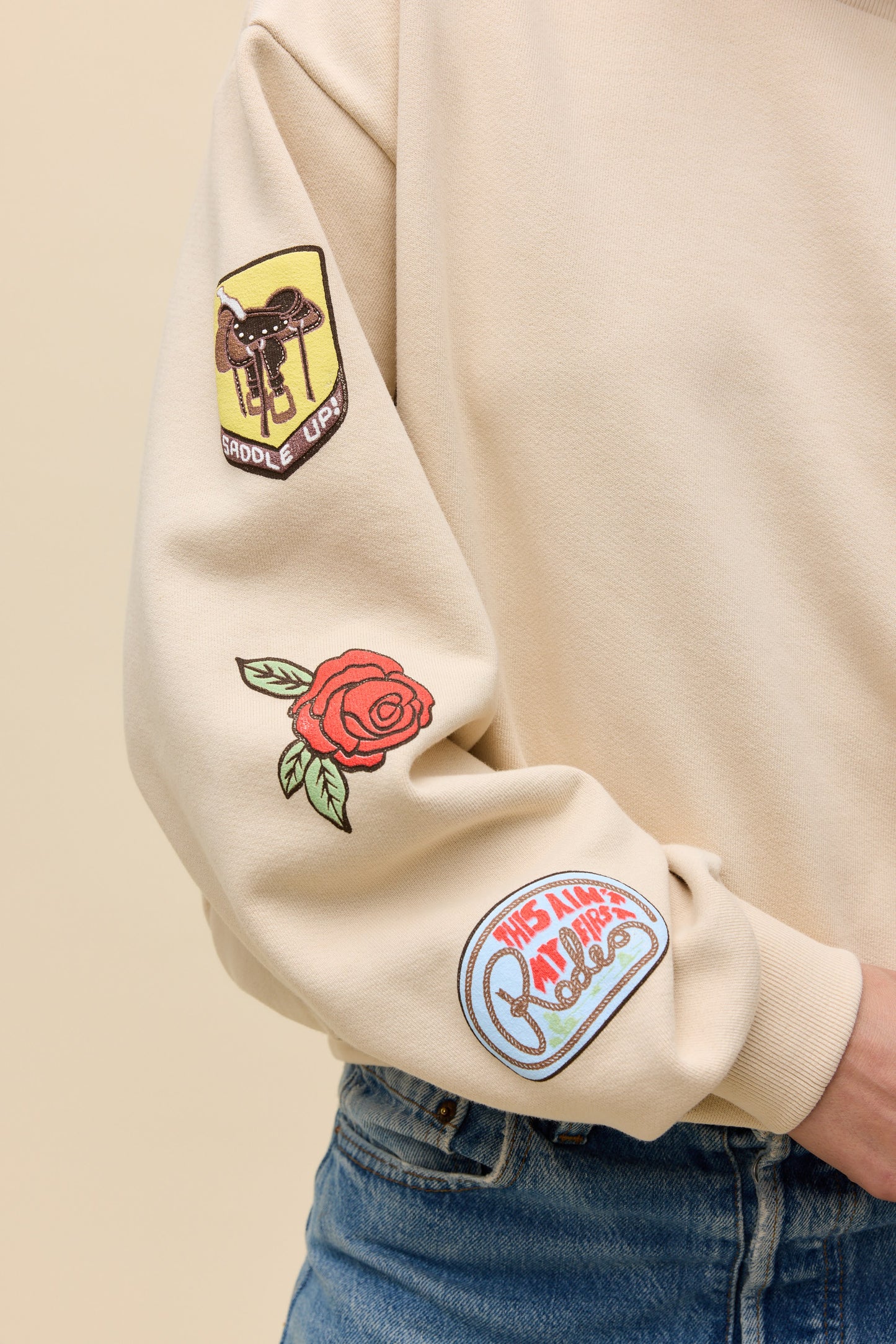 western patches oversized crew sweatshirt