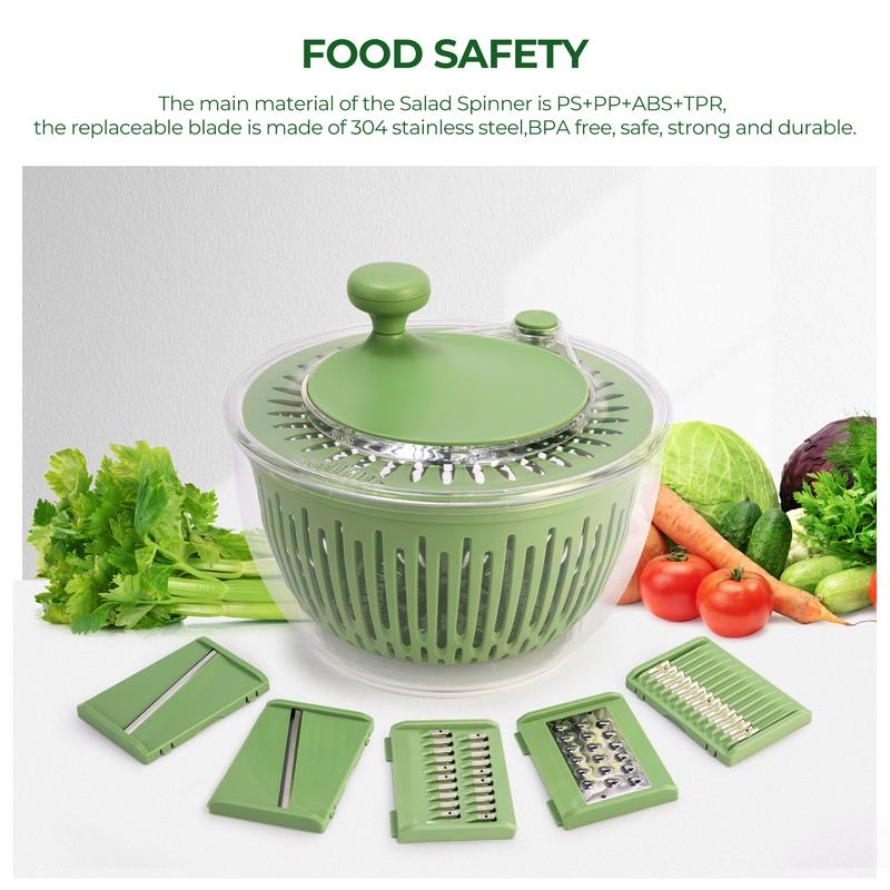 PUKOMC 5-in-1 Large Salad Spinner, with vegetable cutter, colander, bowl, and strainer.