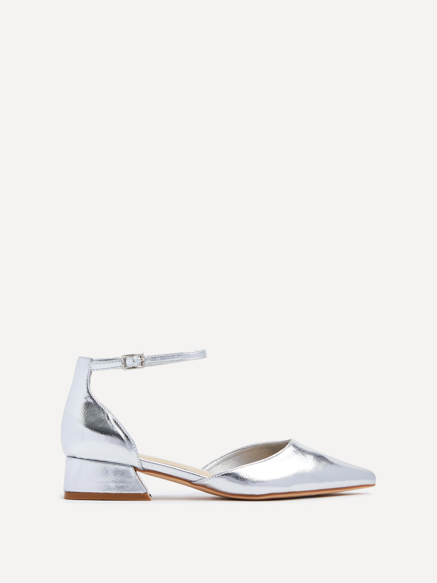 Dolly Wide Fit Silver Faux Leather Low Court Heels