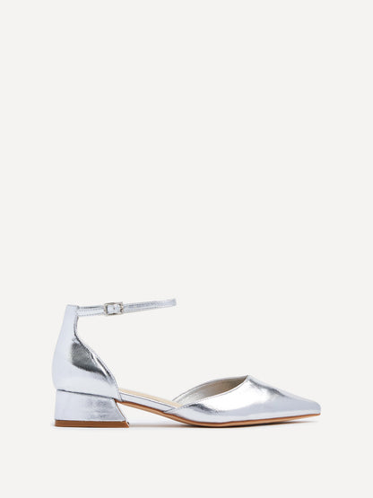 Dolly Wide Fit Silver Faux Leather Low Court Heels