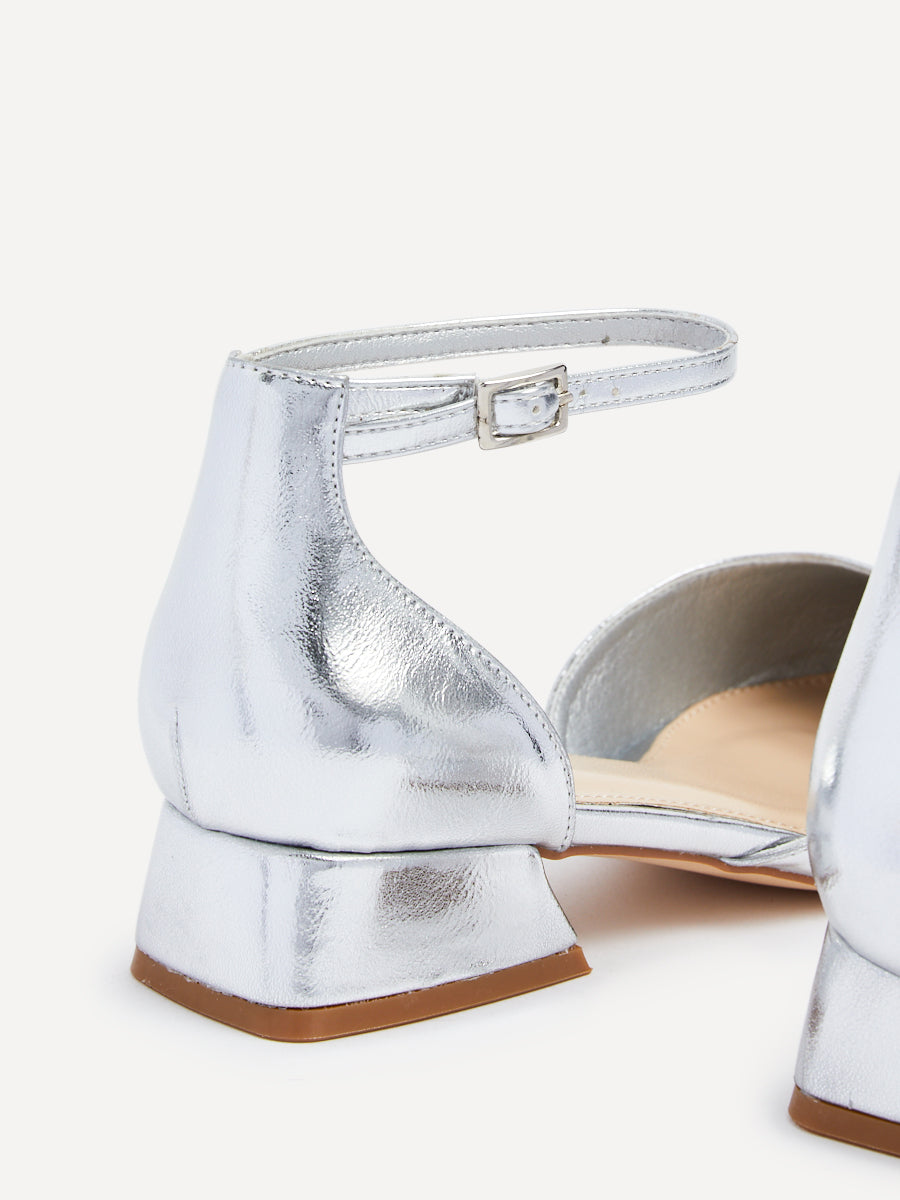 Dolly Wide Fit Silver Faux Leather Low Court Heels