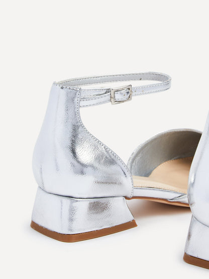 Dolly Wide Fit Silver Faux Leather Low Court Heels