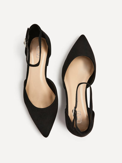 Dolly Wide Fit Black Faux Suede Low Court Heels