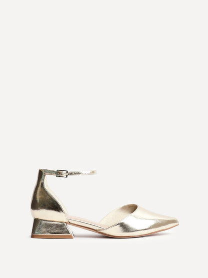 Dolly Wide Fit Gold Faux Leather Low Court Heels