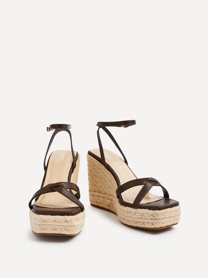Desta Brown Nubuck Strappy Rope Wedges