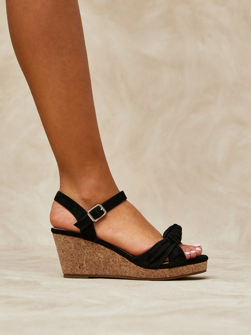 Elyah Black Faux Suede Cork Wedges