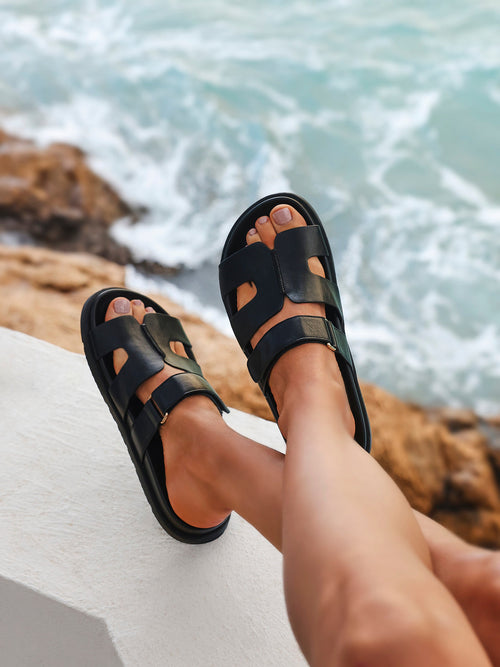 Emmy Black Faux Leather Sandals