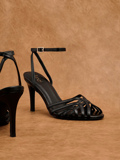 Eros Black Faux Leather Caged Heels