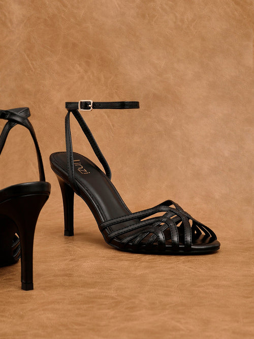 Eros Black Faux Leather Caged Heels