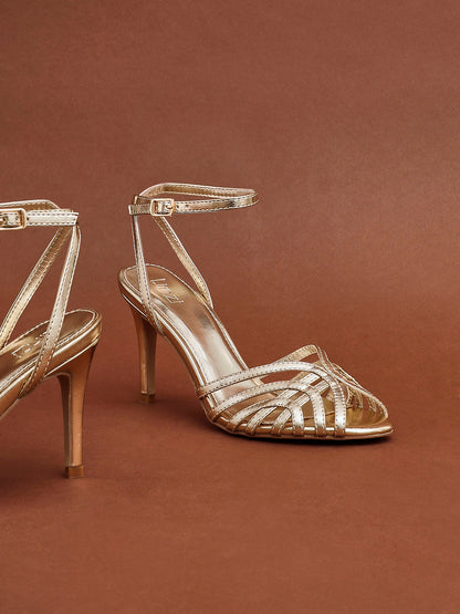 Eros Gold Faux Leather Caged Heels