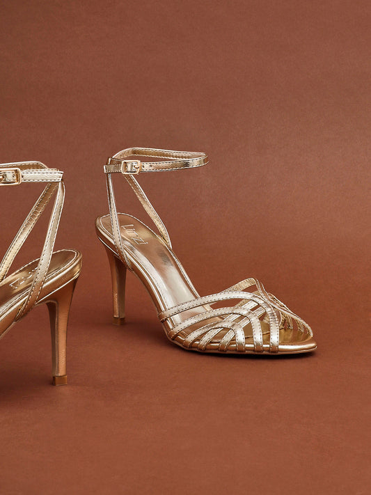 Eros Gold Faux Leather Caged Heels