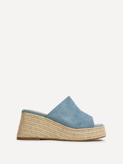 Espresso Pale Blue Faux Suede Espadrille Mule Wedges