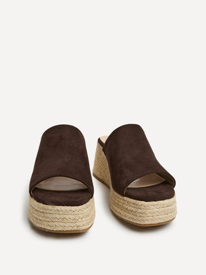 Espresso Brown Faux Suede Espadrille Mule Wedges