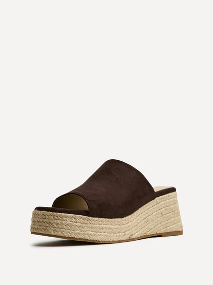 Espresso Brown Faux Suede Espadrille Mule Wedges