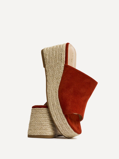 Espresso Rust Faux Suede Espadrille Mule Wedges