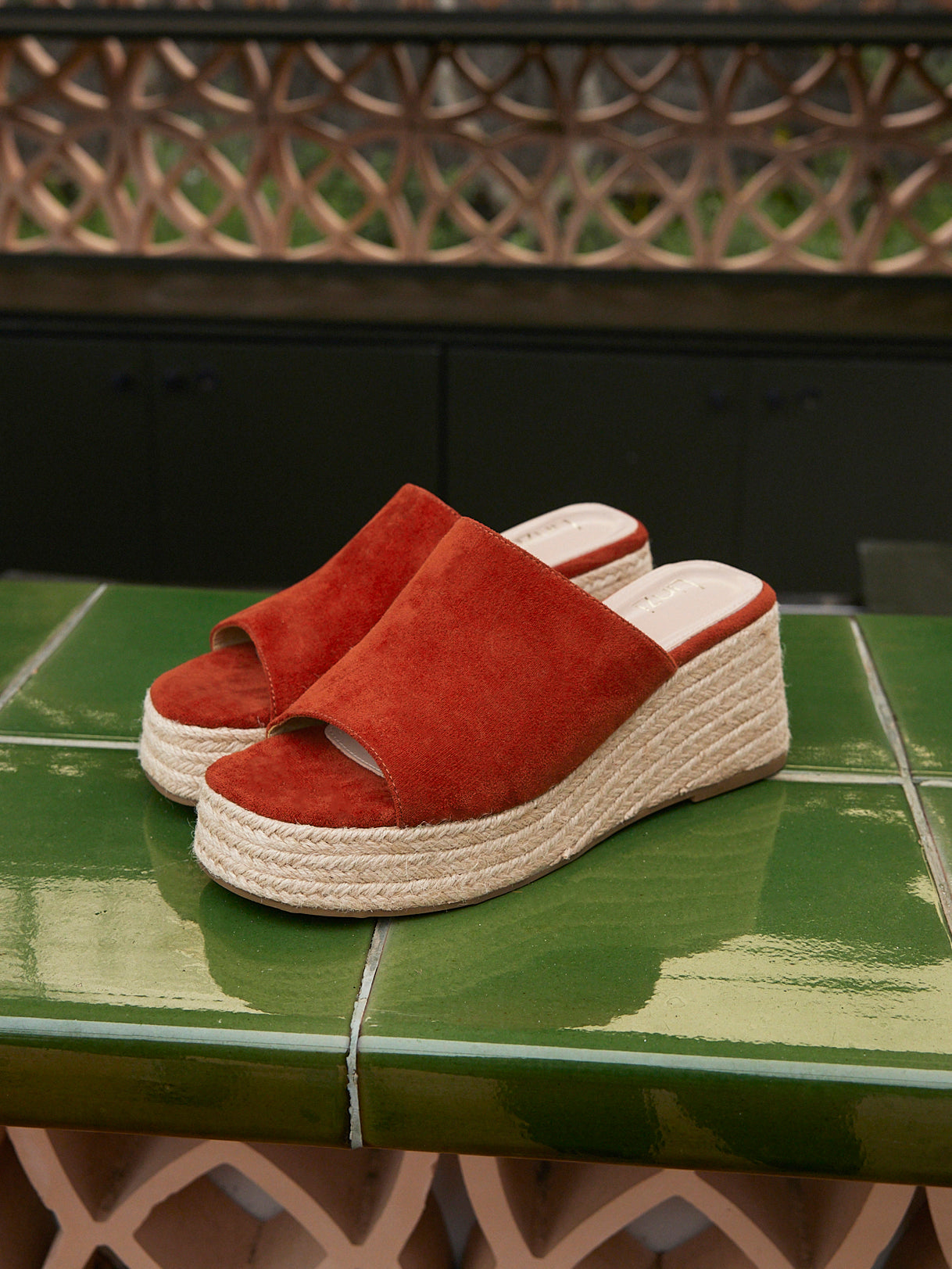 Espresso Rust Faux Suede Espadrille Mule Wedges