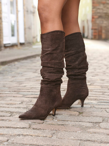 Esteem Brown Kitten Heel Long Boots