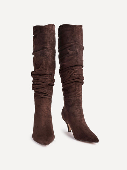 Esteem Brown Kitten Heel Long Boots