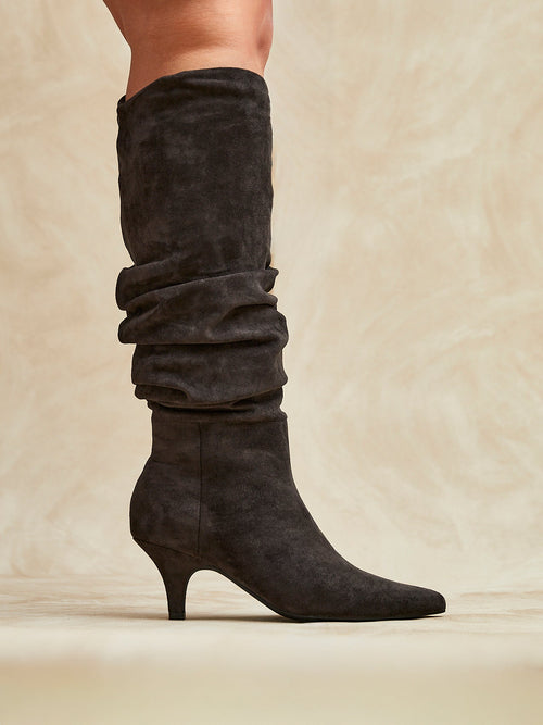 Esteem Grey Kitten Heel Long Boots