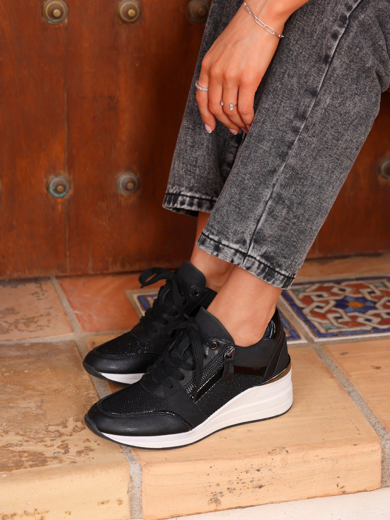 Everett Black Glitter Wedged Trainers