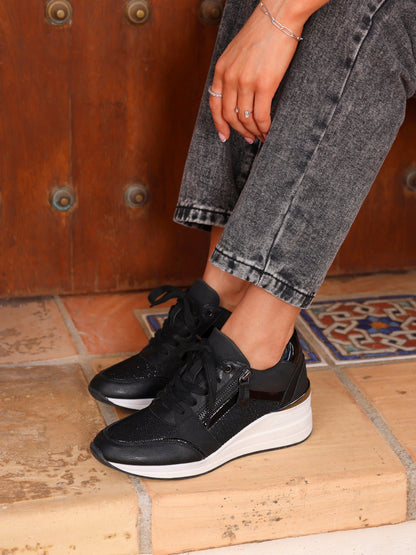 Everett Black Glitter Wedged Trainers