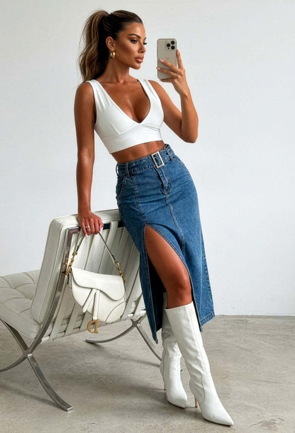 Ellie Mid Blue Stretch Denim Belted Midi Skirt
