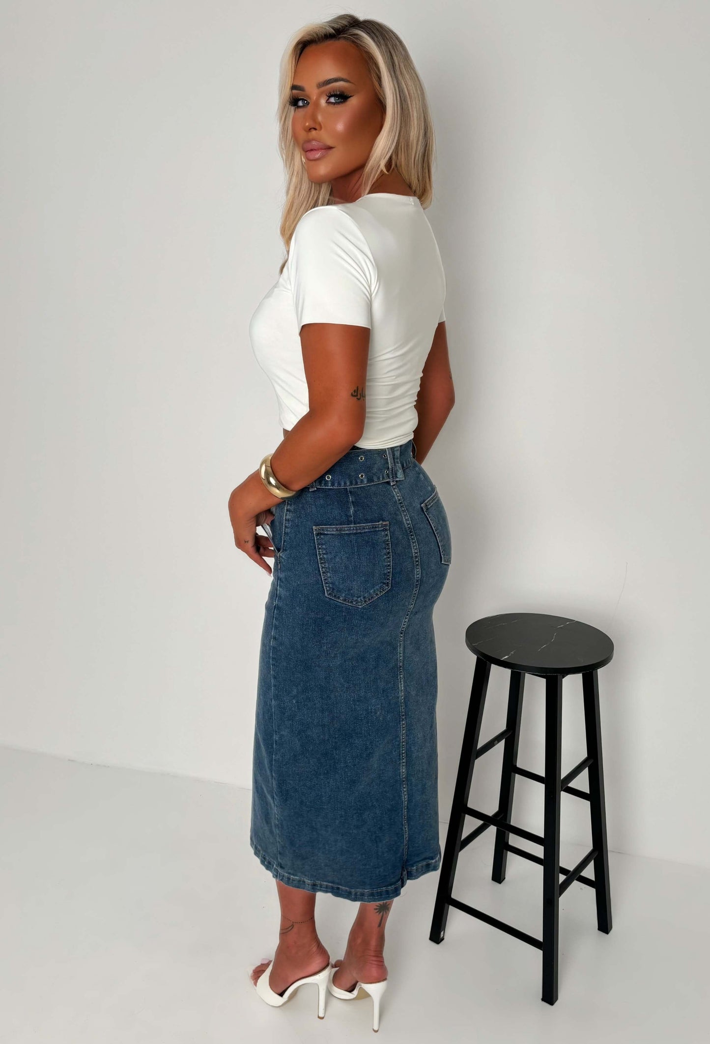 Ellie Mid Blue Stretch Denim Belted Midi Skirt