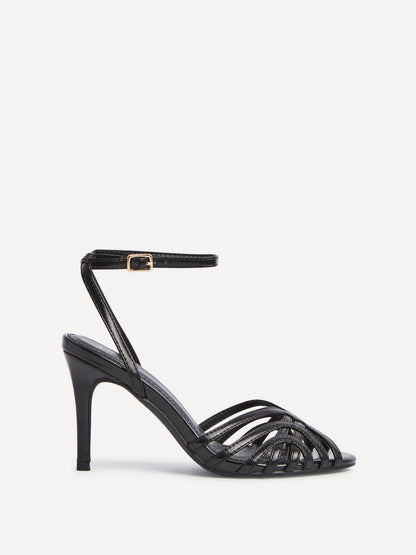 Eros Black Faux Leather Caged Heels