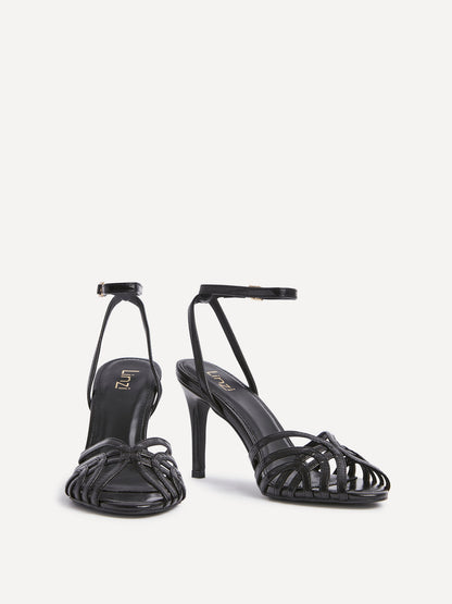 Eros Black Faux Leather Caged Heels